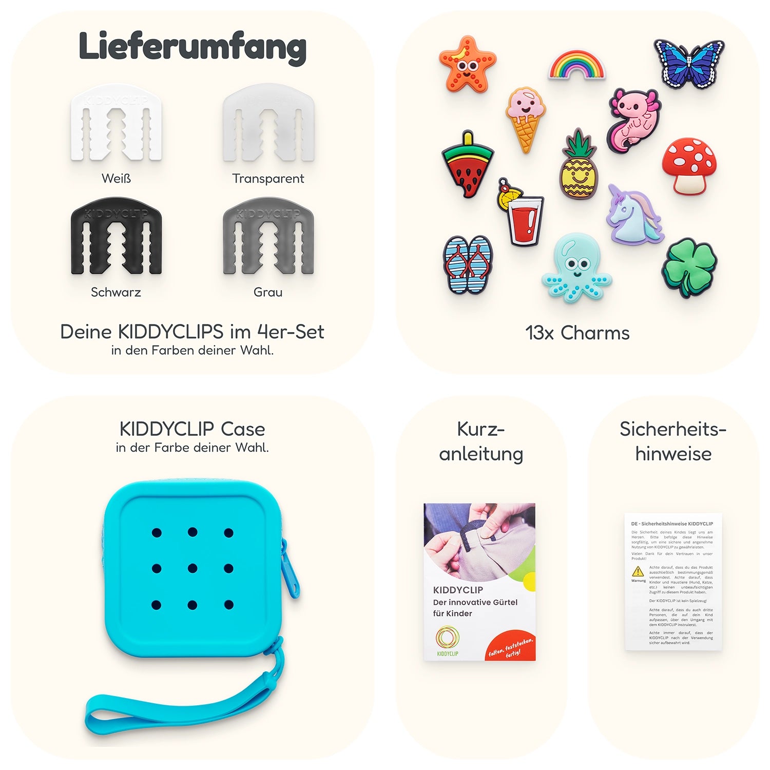 KIDDYCLIP 4er-Set + Case + 13 Charms